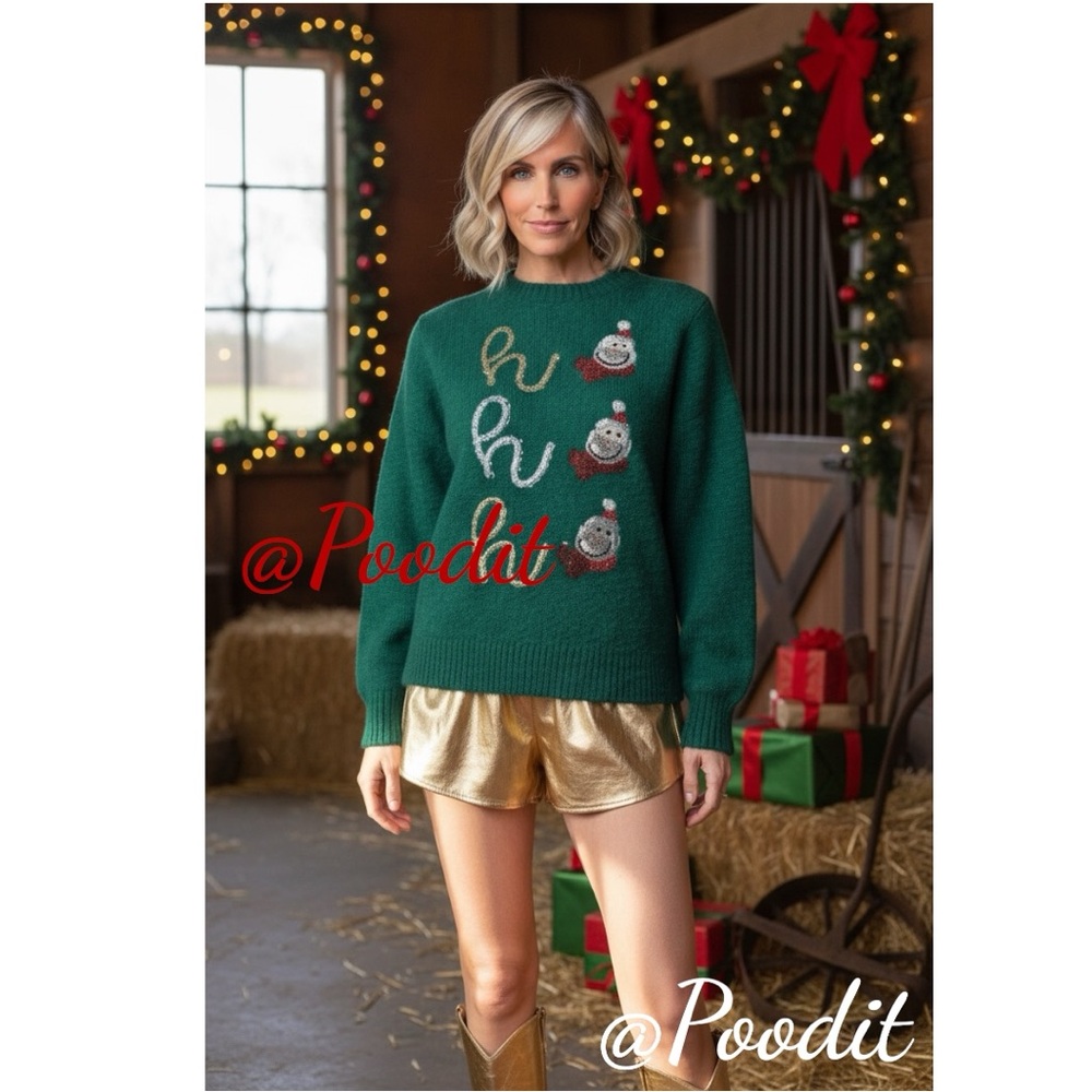 PEACH LOVE CALIFORNIA ho ho ho sequin green Santa sweater S M L